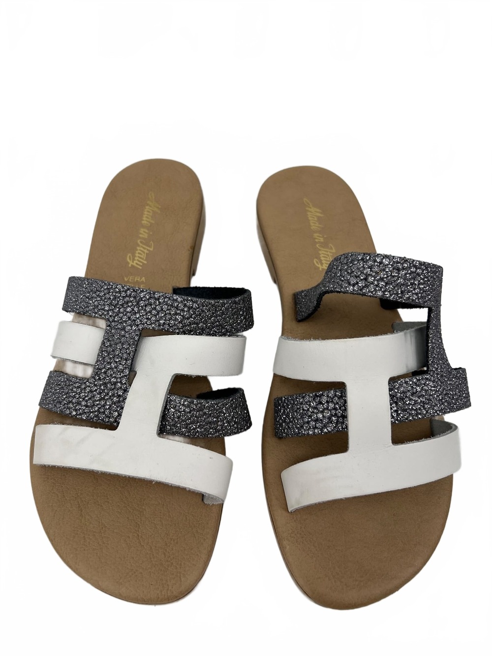 Vera Pelle White Silver Glitter Slide Sandals | EU 37 (Adult) | Italy Made